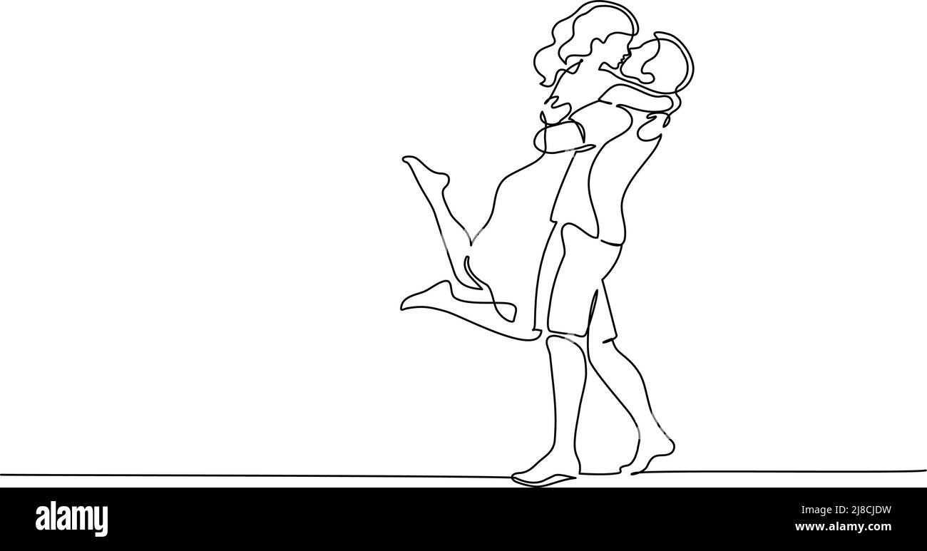 Fortlaufende einzeilige Zeichnung. Glückliches Paar umarmt und küsst. Vektorgrafik Stock Vektor