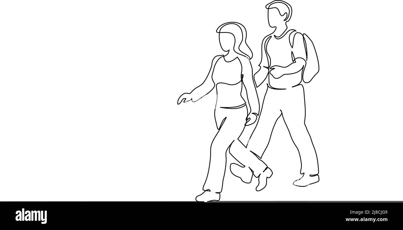 Fortlaufende einzeilige Zeichnung. Frau geht zu Fuß mit Wanderstöcken. Nordic Walking. Vektorgrafik. Black Line Art Stock Vektor