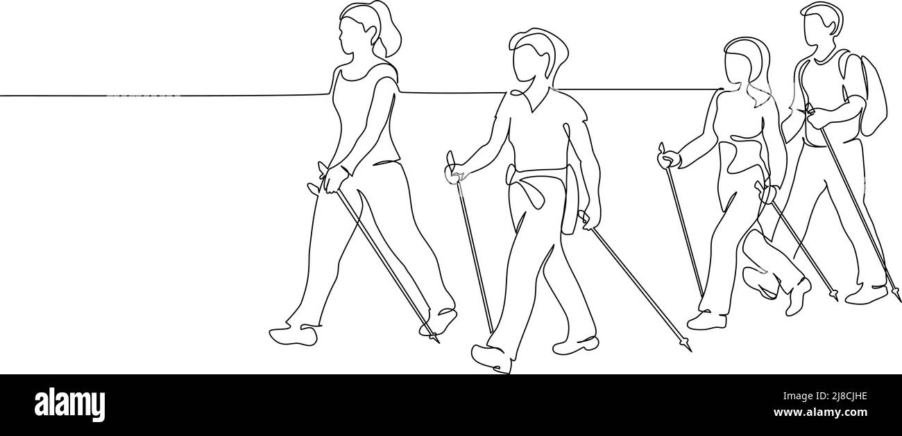 Fortlaufende einzeilige Zeichnung. Eine Gruppe von Menschen geht zu Fuß mit Wanderstöcken. Nordic Walking. Vektorgrafik. Black Line Art Stock Vektor