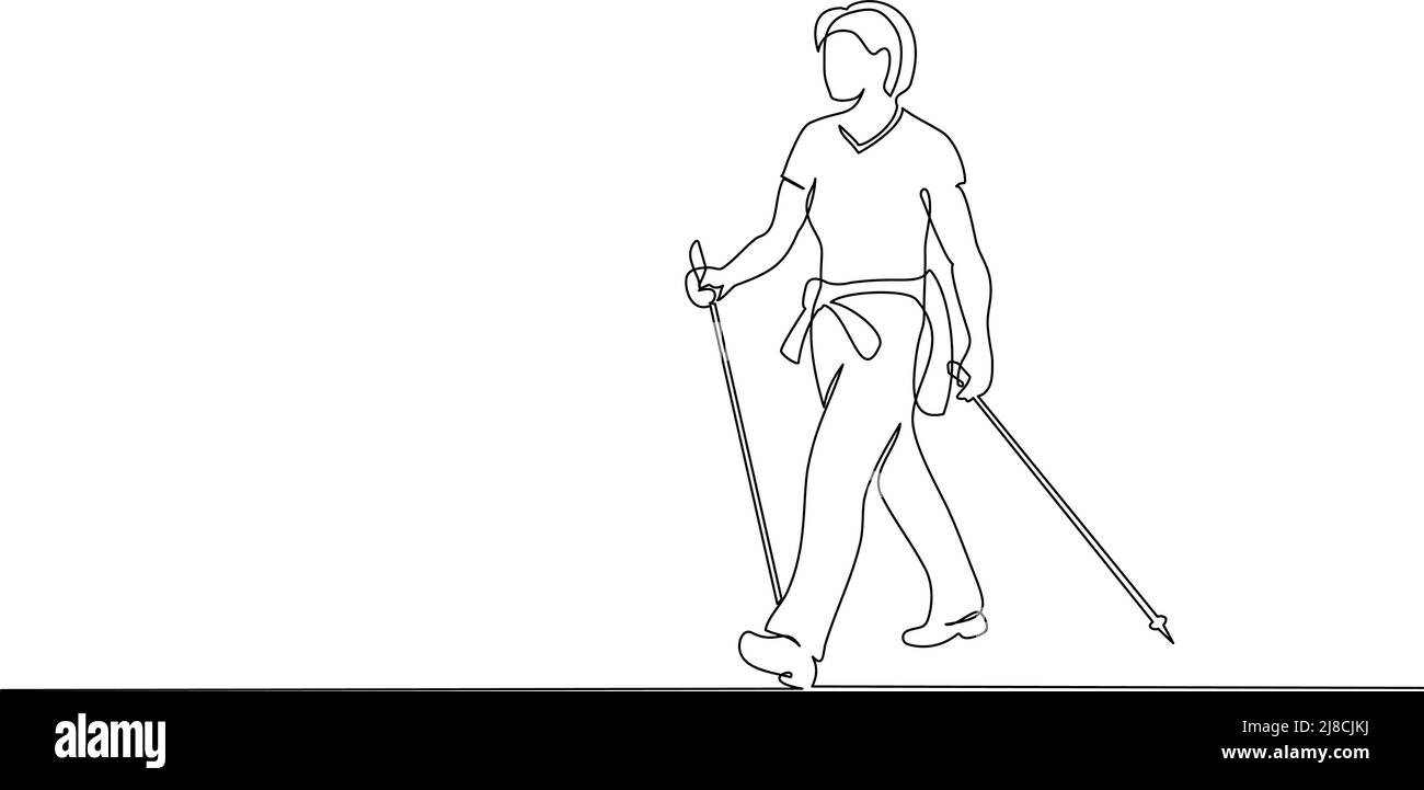 Fortlaufende einzeilige Zeichnung. Frau geht zu Fuß mit Wanderstöcken. Nordic Walking. Vektorgrafik. Black Line Art Stock Vektor