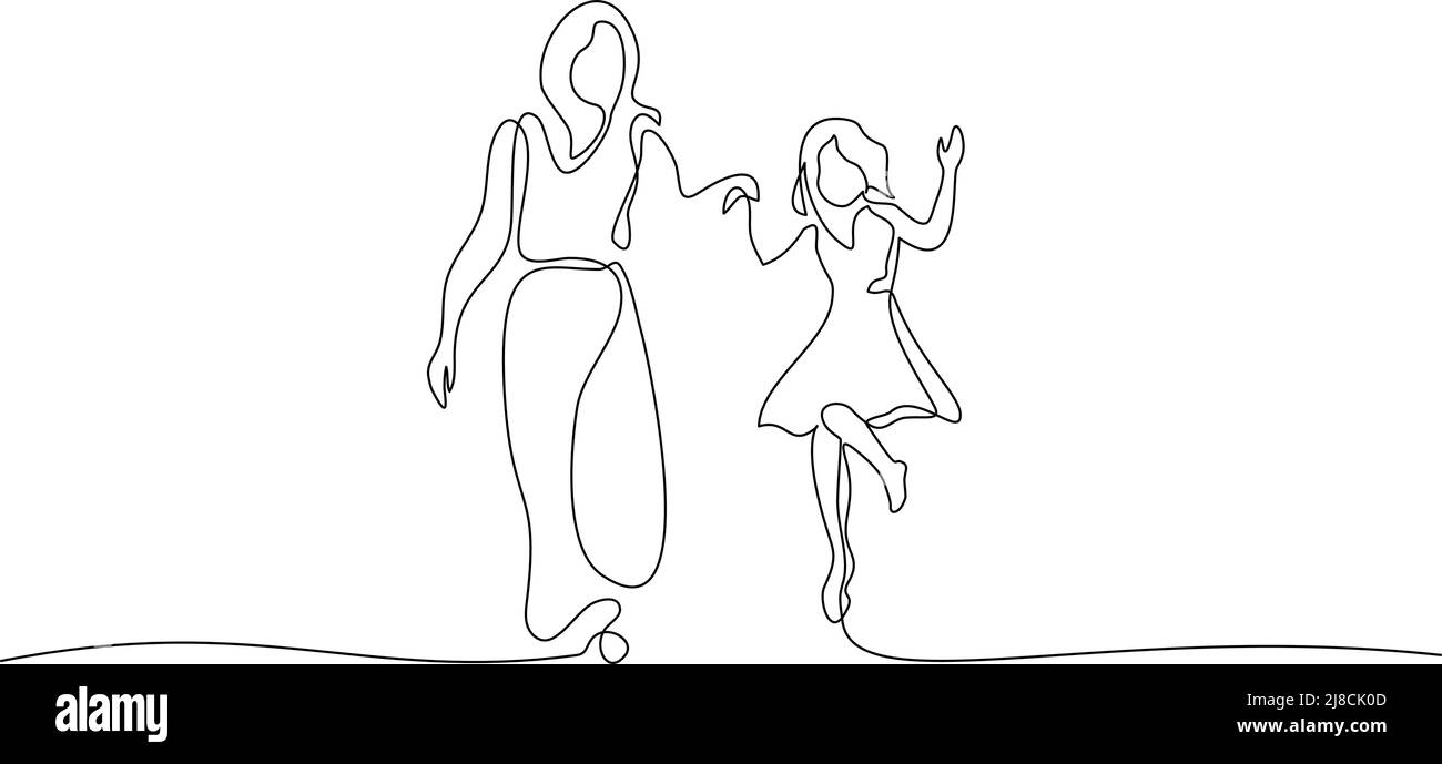 Fortlaufende einzeilige Zeichnung. Mutter und Tochter gehen zusammen. Vektorgrafik Stock Vektor