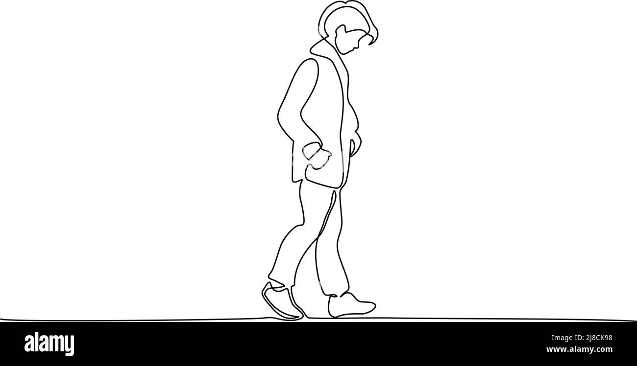 Trauriger Teenager beim Gehen. Fortlaufende einzeilige Zeichnung. Vektorgrafik Stock Vektor