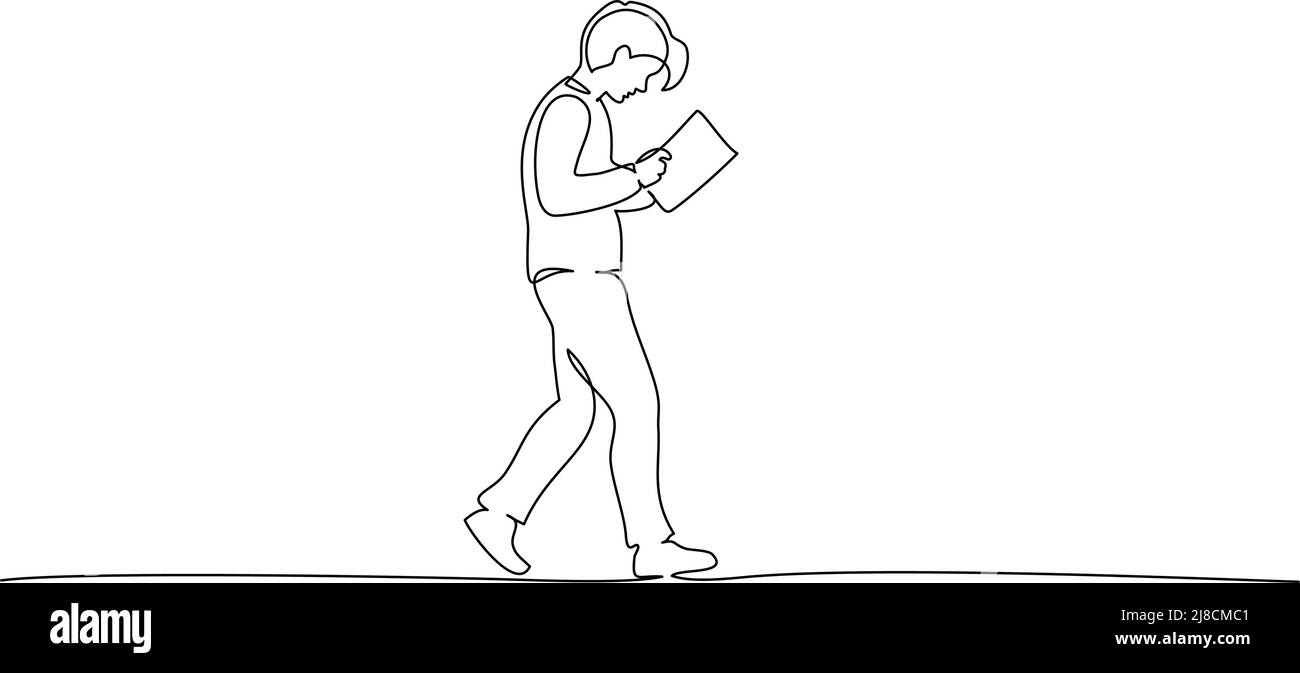 Fortlaufende einzeilige Zeichnung. Junger Mann, der mit einem Buch auf der Straße läuft. Student College mit conspectus. Vektorgrafik Stock Vektor
