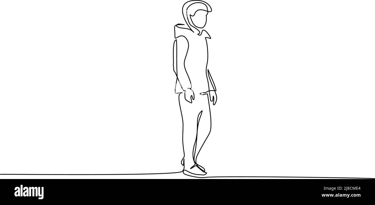 Trauriger Teenager beim Gehen. Fortlaufende einzeilige Zeichnung. Vektorgrafik Stock Vektor