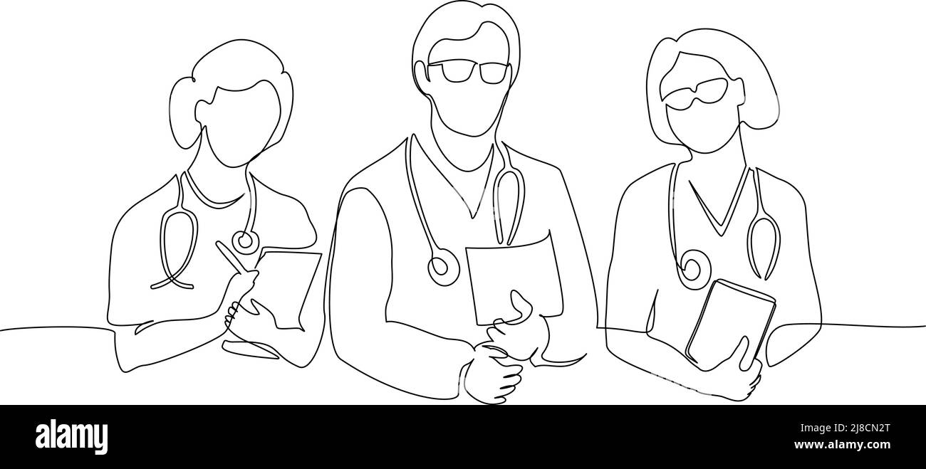 Fortlaufende einzeilige Zeichnung. Gruppe Team von Ärzten Therapeut. Minimalistisches Design von medizinischem Personal. Vektordarstellung auf weißem Hintergrund isoliert. Stock Vektor