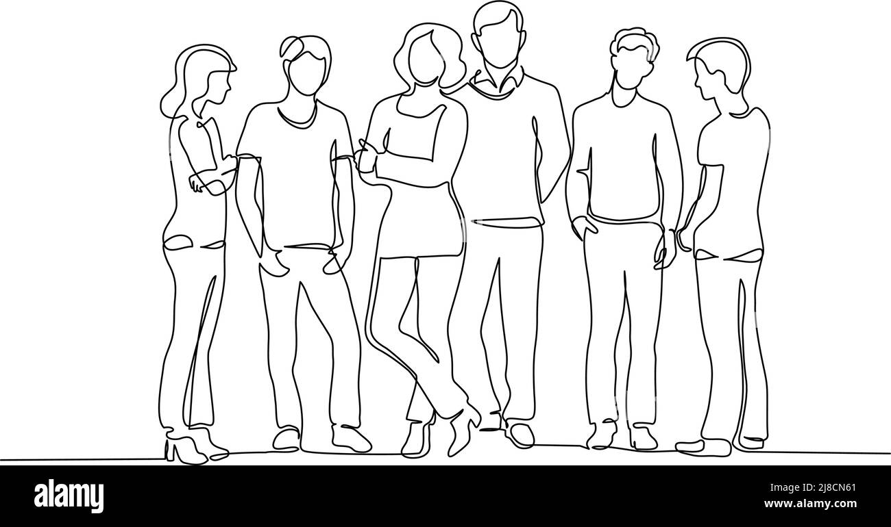 Fortlaufende einzeilige Zeichnung. Gruppe junger Teenager, die zusammen mit Lehrern stehen. Vektordarstellung isoliert Stock Vektor