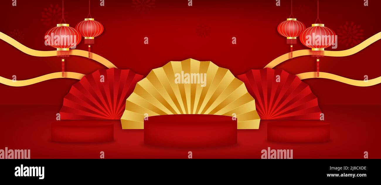 Banner Happy chinese New year with composition leerer Zylinder Podium for product Cosmetic & abstract background asia Element of Vector. Stock Vektor