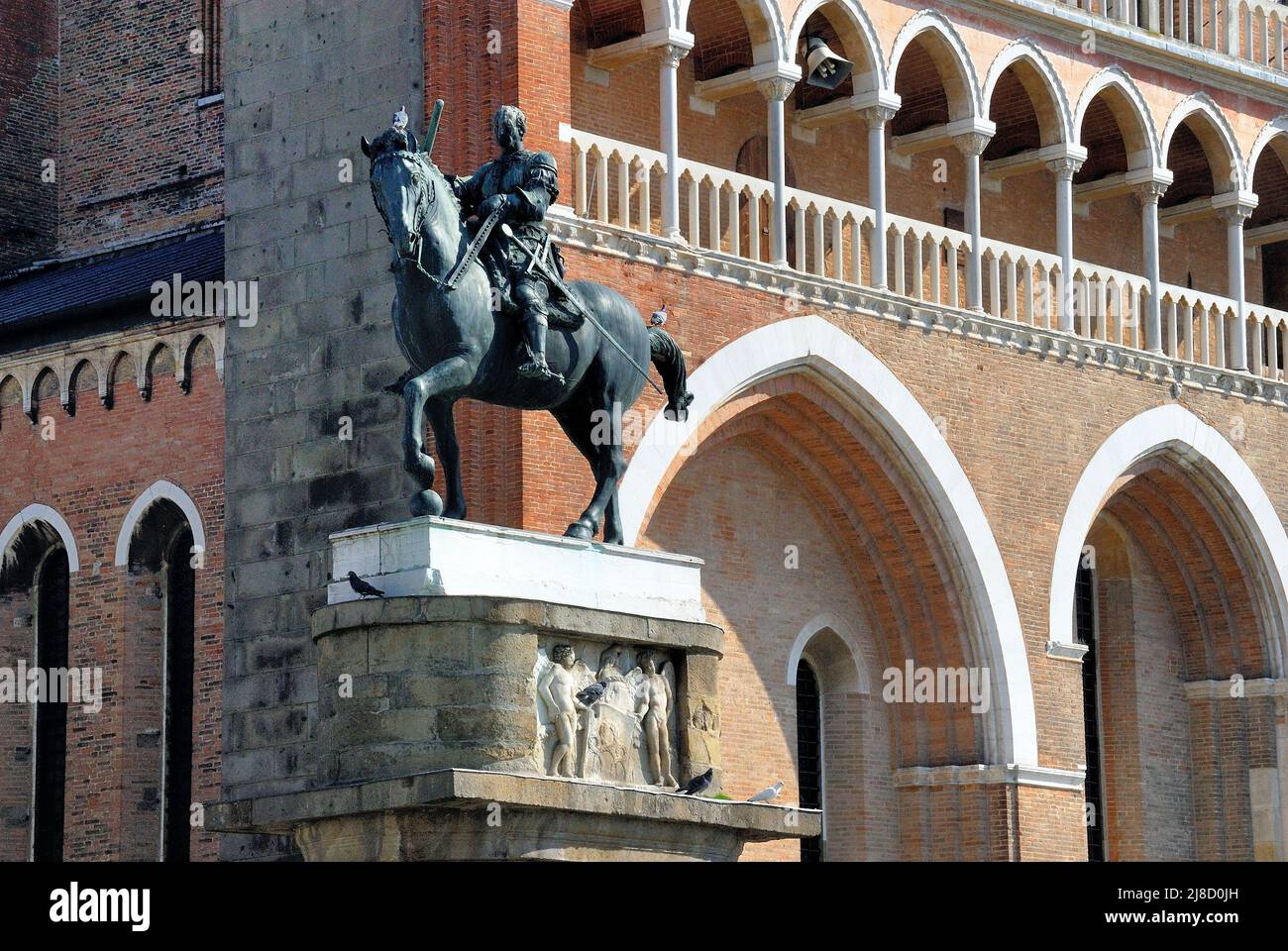 Die Reiterstatue von Gattamelata ist eine Skulptur des italienischen Künstlers Donatello aus der Frührenaissance aus dem Jahr 1453 auf der Piazza del Santo in Padua, Italien. Es zeigt den Renaissance condottiero Erasmo da Narni, bekannt als "Gattamelata", der vor allem unter der Republik Venedig diente, die Padua zu der Zeit regierte. Stockfoto