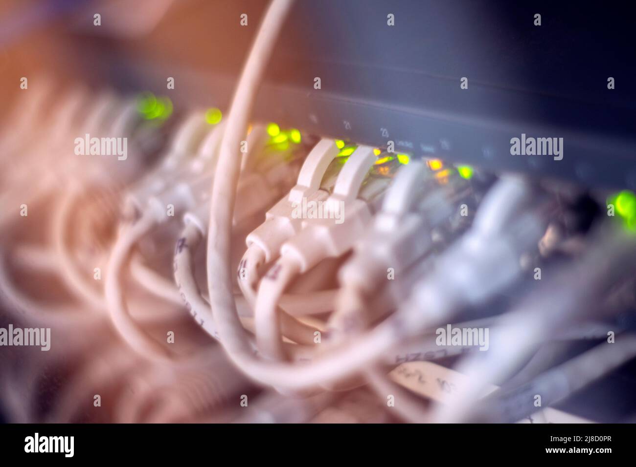 Kabelgebundene Internet-lan- und wan-Verbindung. Datenübertragung, Hardware, Rechenzentrum für sichere Informationen. Sicherheitsdienste für Hacker oder Hacker. Globale Kommunikation Stockfoto