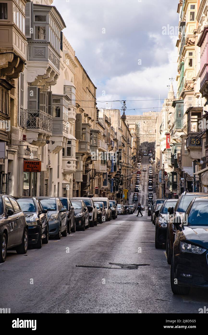 Blick auf die Old Mint Street in Valletta Stockfoto