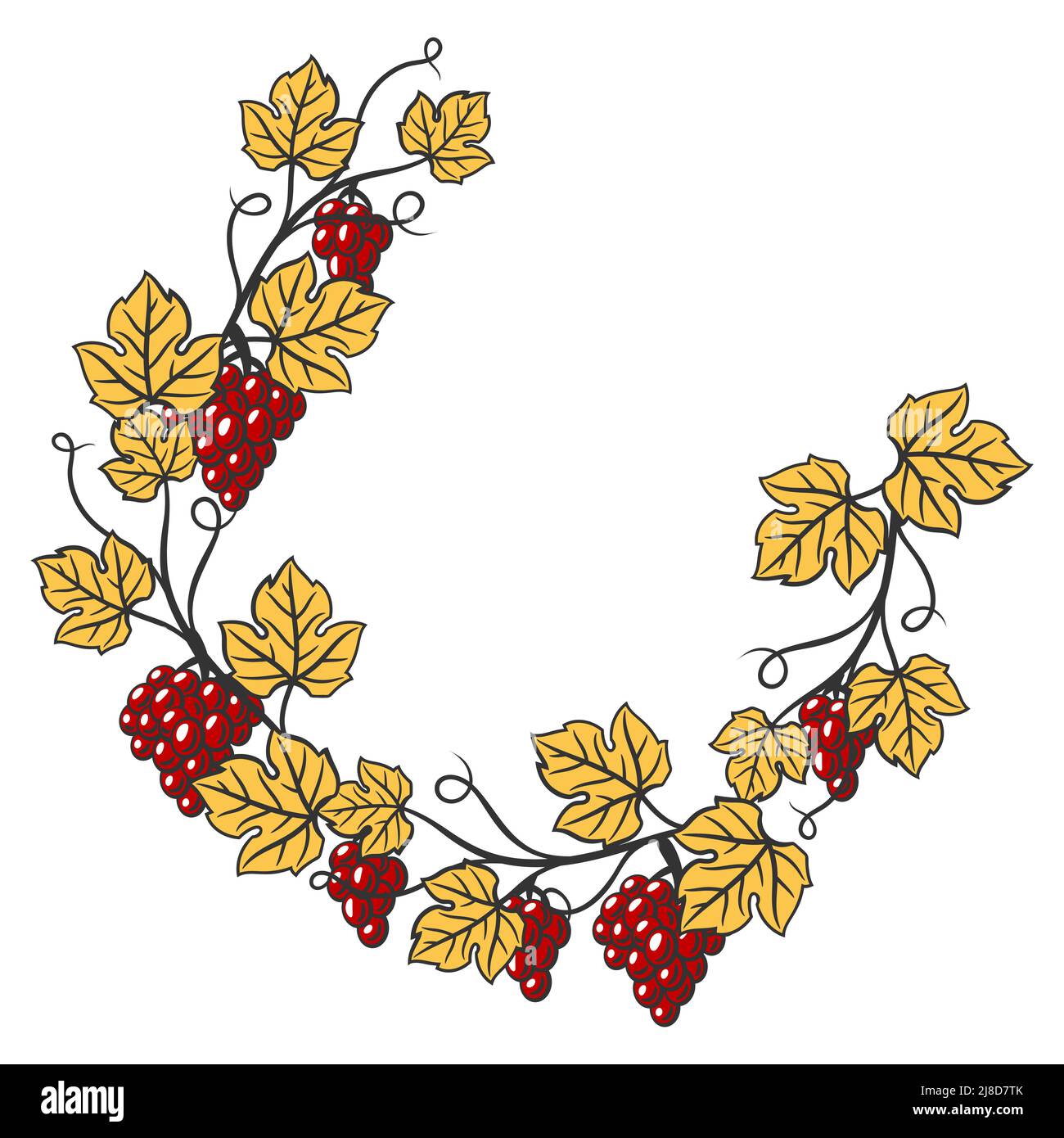 Rebe mit Blättern und Trauben. Bild der Weinkellerei für Restaurants und Bars. Geschäfts- und Agrarartikel. Stock Vektor