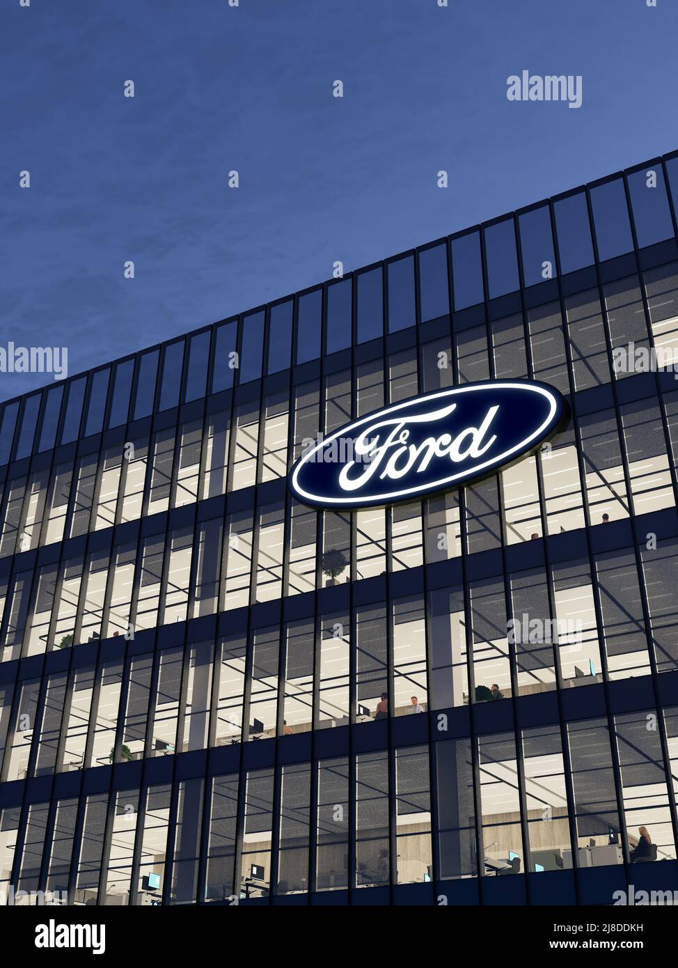 Dearborn, Michigan, USA. 2.Mai 2022. Nur zur redaktionellen Verwendung, 3D CGI. Schilder der Ford Motor Company auf dem Glasgebäude. Automobilhersteller in Stockfoto