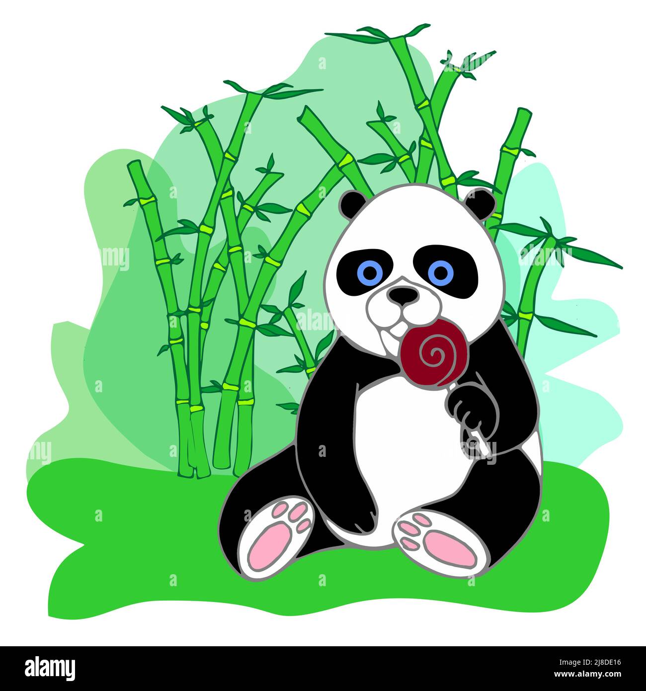 Niedliche Illustration eines Panda-Jungen mit einem Lollipop auf einem hellen Bambus-Hintergrund, Konturzeichnung, Farbgrafik, Kunst Stockfoto