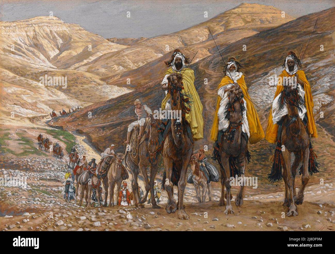 Die drei Weisen der christlichen Legende reisen in die Wüste, um Jesus zu sehen. Gemalt von James Tissot. Stockfoto