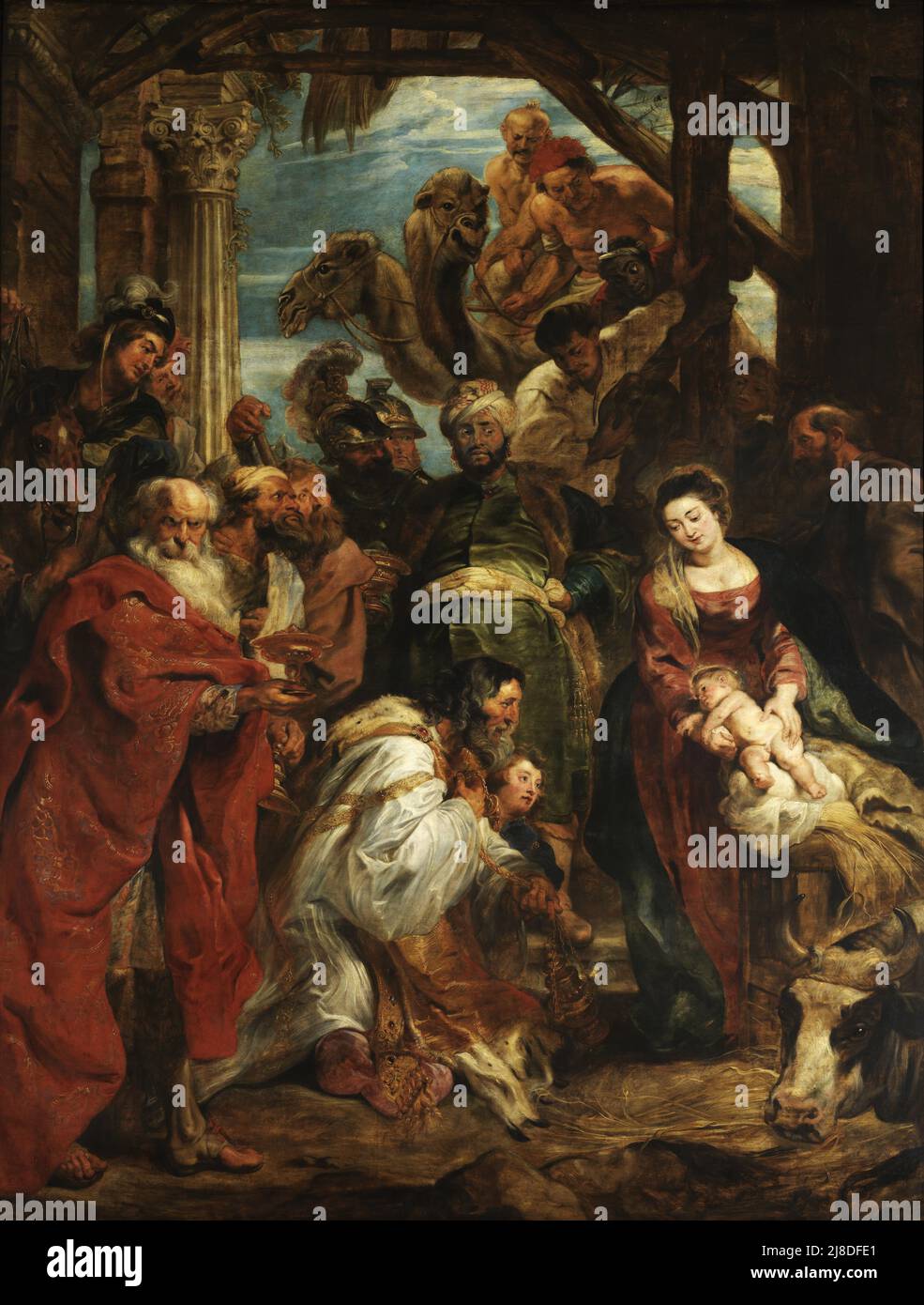 Die Anbetung der Könige von Rubens. In diesem christlichen Mythos kommen drei Weise Männer oder Könige, um den neugeborenen jesus zu besuchen und ihn als den messias und Sohn gottes anzuerkennen. Stockfoto