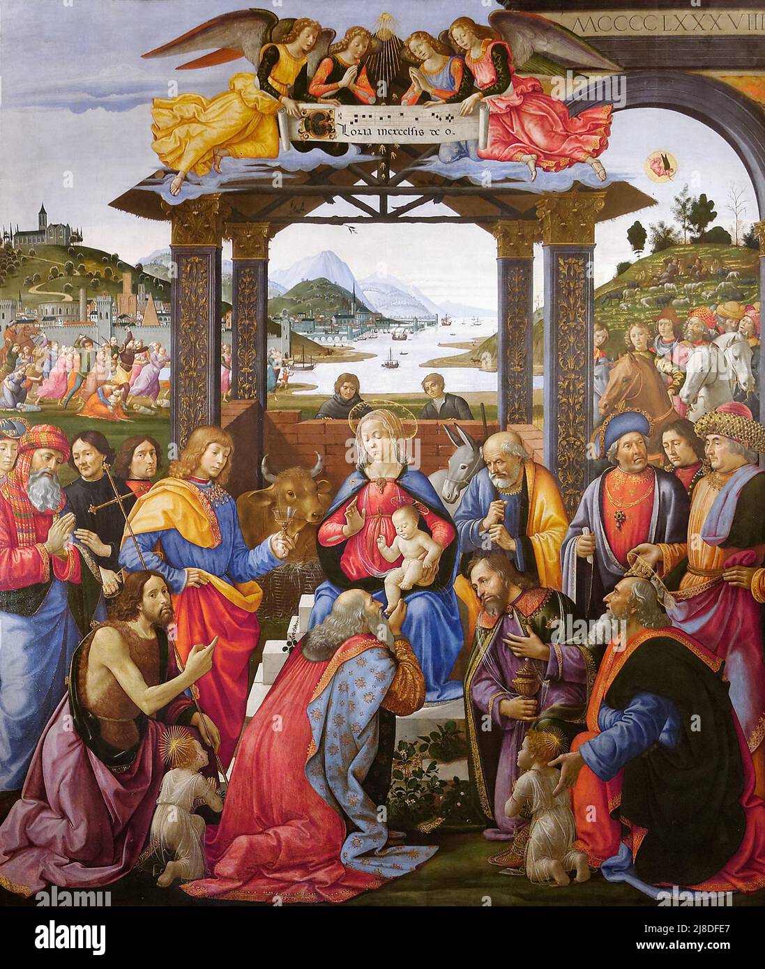 Die Anbetung der Könige von Domenico Ghirlandaio. In diesem christlichen Mythos kommen drei Weise Männer oder Könige, um den neugeborenen jesus zu besuchen und ihn als den messias und Sohn gottes anzuerkennen. Stockfoto