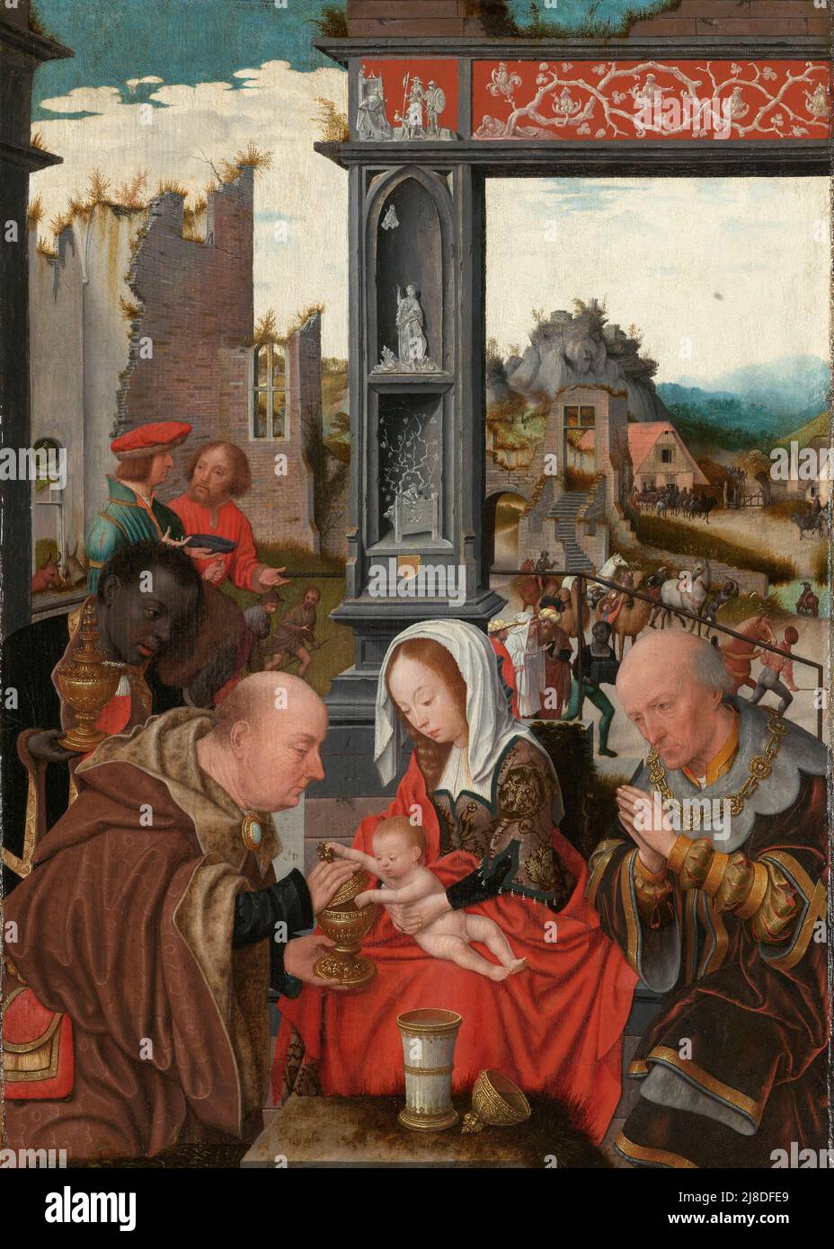 Die Anbetung der Könige von Jan Mostaert. In diesem christlichen Mythos kommen drei Weise Männer oder Könige, um den neugeborenen jesus zu besuchen und ihn als den messias und Sohn gottes anzuerkennen. Stockfoto