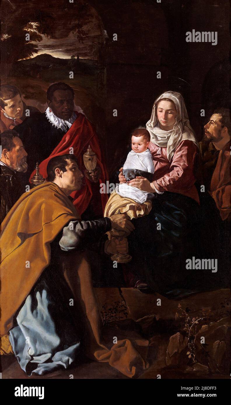 Die Anbetung der Könige von Diego Velazquez. In diesem christlichen Mythos kommen drei Weise Männer oder Könige, um den neugeborenen jesus zu besuchen und ihn als den messias und Sohn gottes anzuerkennen. Stockfoto