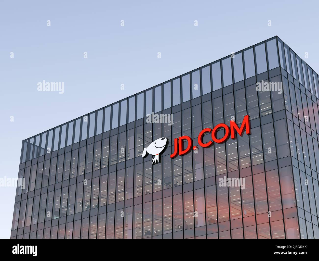 Peking, China. 2.Mai 2022. Nur zur redaktionellen Verwendung, 3D CGI. JD.com Jingdong-Schilder-Logo auf dem Glasgebäude. Arbeitsplatz des Büros der E-Commerce-Gesellschaft Stockfoto