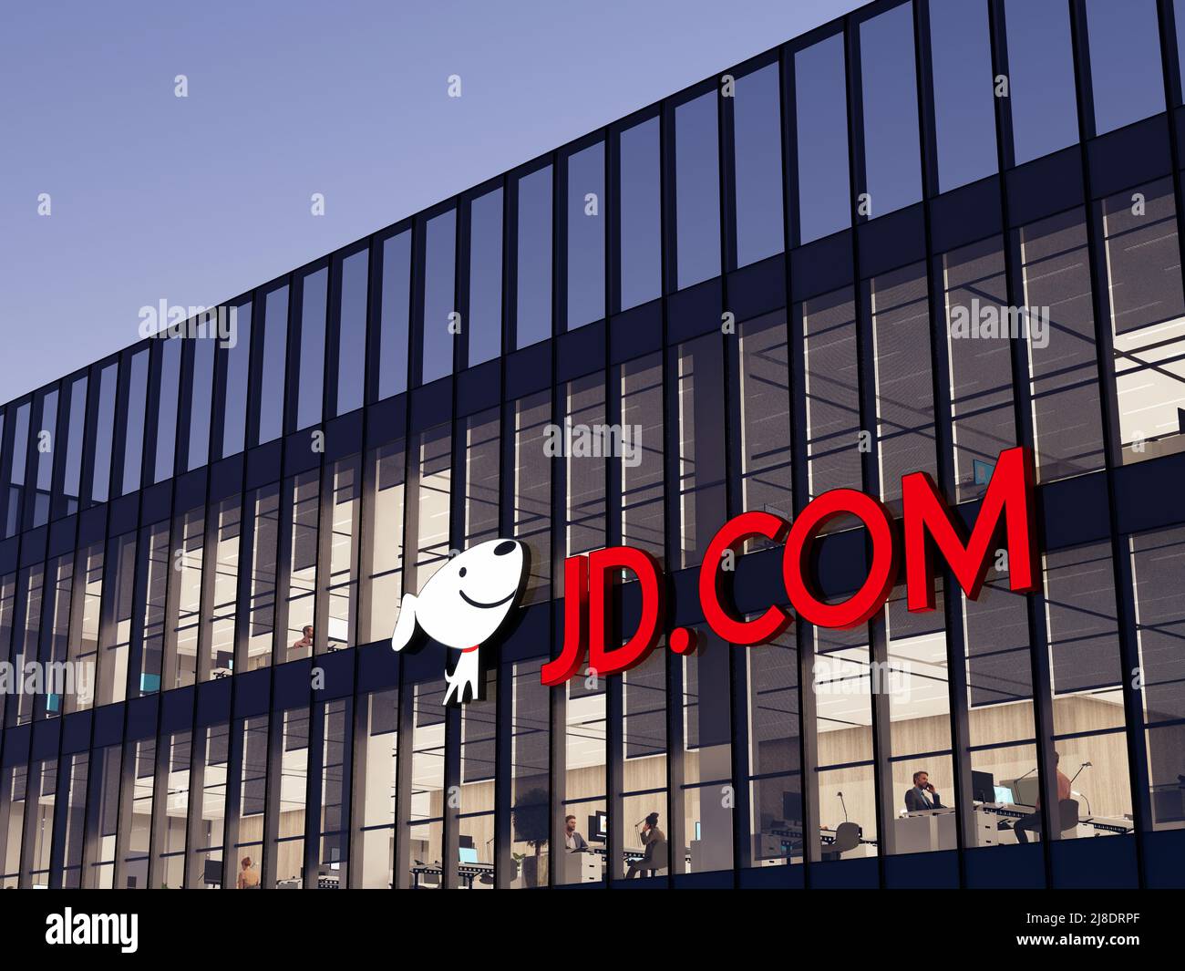 Peking, China. 2.Mai 2022. Nur zur redaktionellen Verwendung, 3D CGI. JD.com Jingdong-Schilder-Logo auf dem Glasgebäude. Arbeitsplatz des Büros der E-Commerce-Gesellschaft Stockfoto