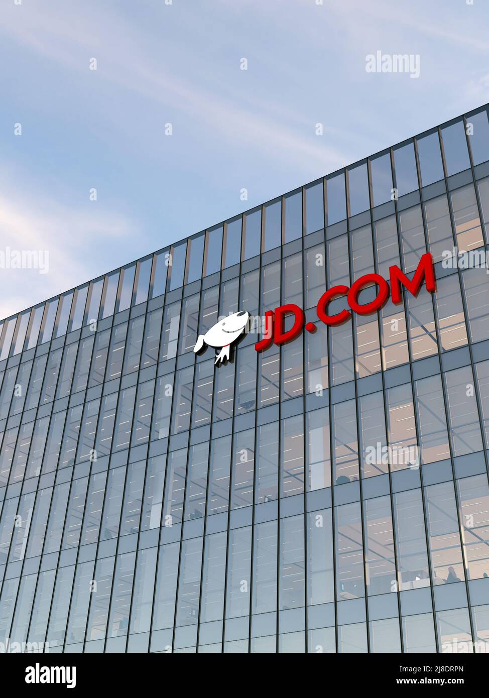 Peking, China. 2.Mai 2022. Nur zur redaktionellen Verwendung, 3D CGI. JD.com Jingdong-Schilder-Logo auf dem Glasgebäude. Arbeitsplatz des Büros der E-Commerce-Gesellschaft Stockfoto