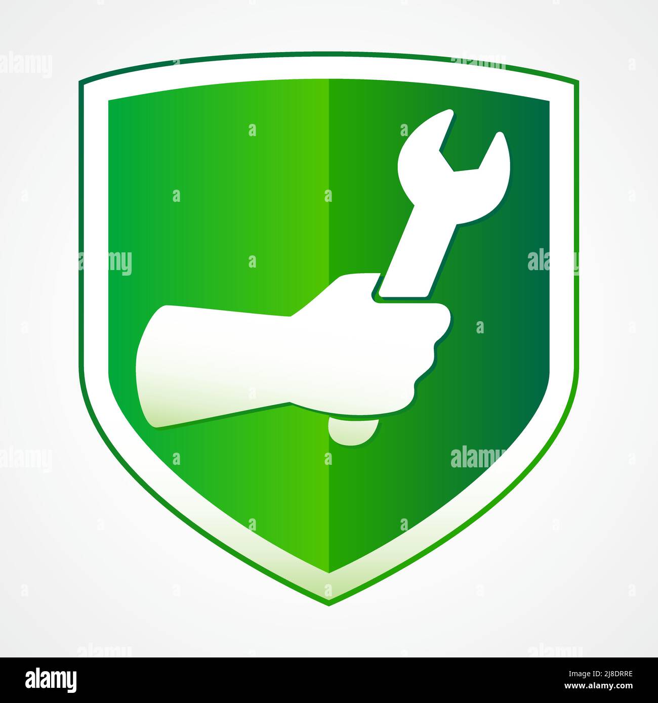 Zeichen der Garantie Service, Reparatur oder Befestigung Industrie-Logo-Konzept. Arbeiterhand mit Schraubenschlüssel, Symbol für kreative Identität. Schildform, grünes und weißes CO Stock Vektor