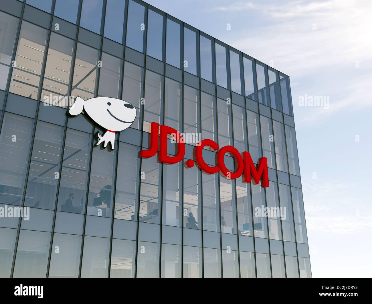 Peking, China. 2.Mai 2022. Nur zur redaktionellen Verwendung, 3D CGI. JD.com Jingdong-Schilder-Logo auf dem Glasgebäude. Arbeitsplatz des Büros der E-Commerce-Gesellschaft Stockfoto