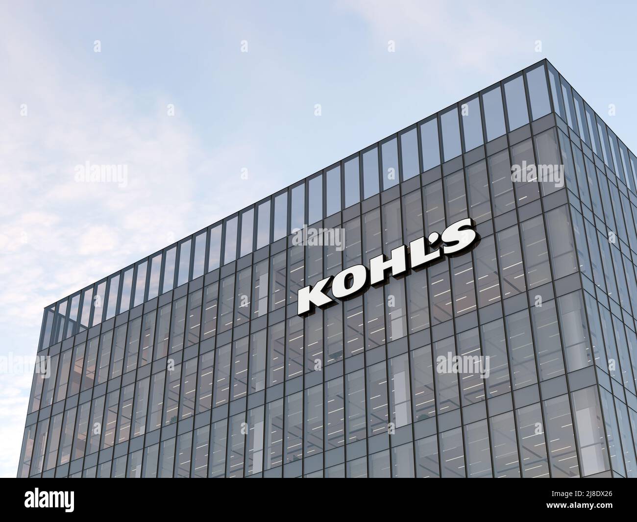 Menomonee Falls, WI, USA. 2.Mai 2022. Nur zur redaktionellen Verwendung, 3D CGI. Kohl's Signage Logo auf dem Glasgebäude. Workplace Department Store Firma Von Stockfoto