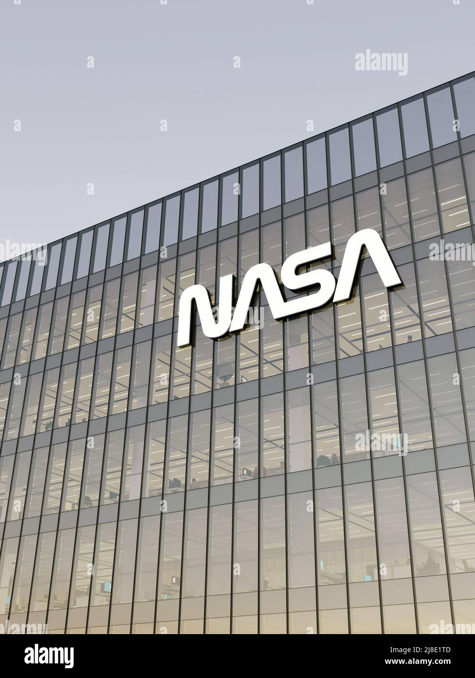 Washington, D.C., USA. 2.Mai 2022. Nur zur redaktionellen Verwendung, 3D CGI. NASA-Beschriftungen auf dem Glasgebäude. Arbeitsplatz Nationale Luftfahrt und Raumfahrt A Stockfoto