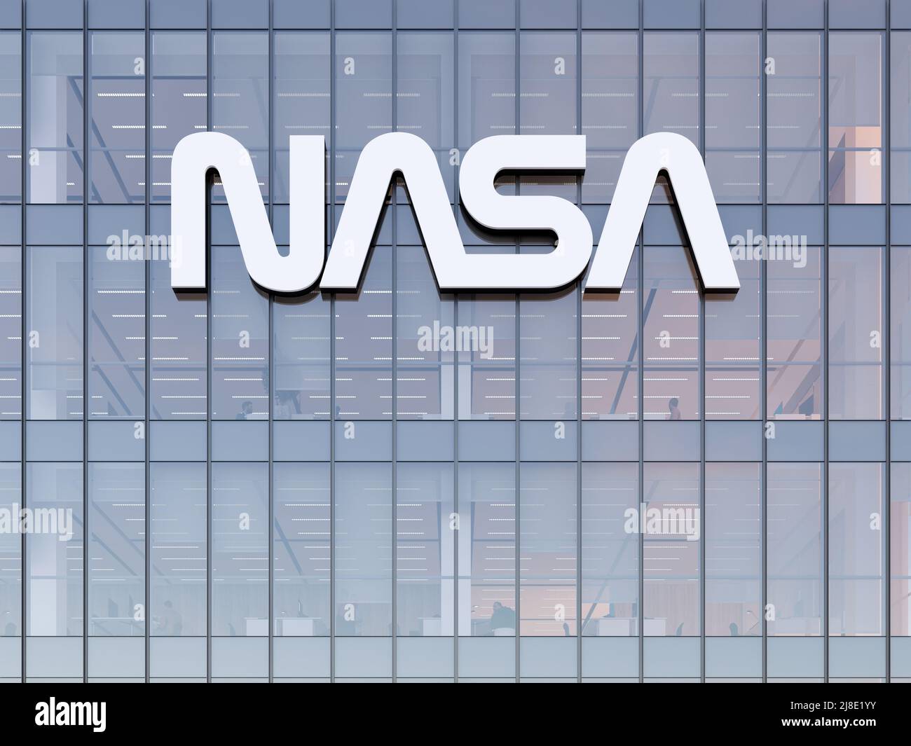 Washington, D.C., USA. 2.Mai 2022. Nur zur redaktionellen Verwendung, 3D CGI. NASA-Beschriftungen auf dem Glasgebäude. Arbeitsplatz Nationale Luftfahrt und Raumfahrt A Stockfoto