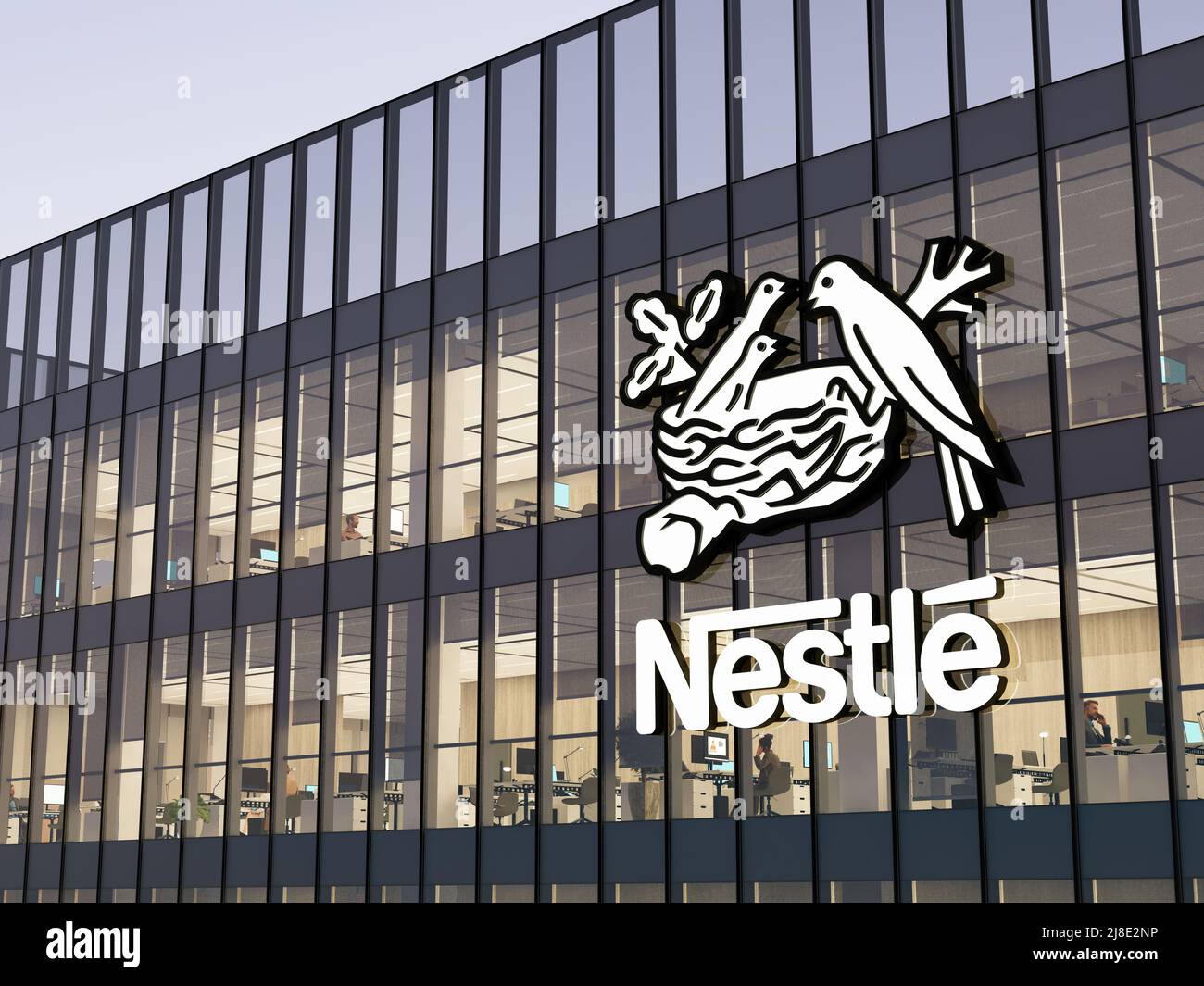 Vevey, Schweiz. 2.Mai 2022. Nur zur redaktionellen Verwendung, 3D CGI. Nestle-Beschriftungen auf dem Glasgebäude. Hauptsitz Des Food Company Workplace. Stockfoto