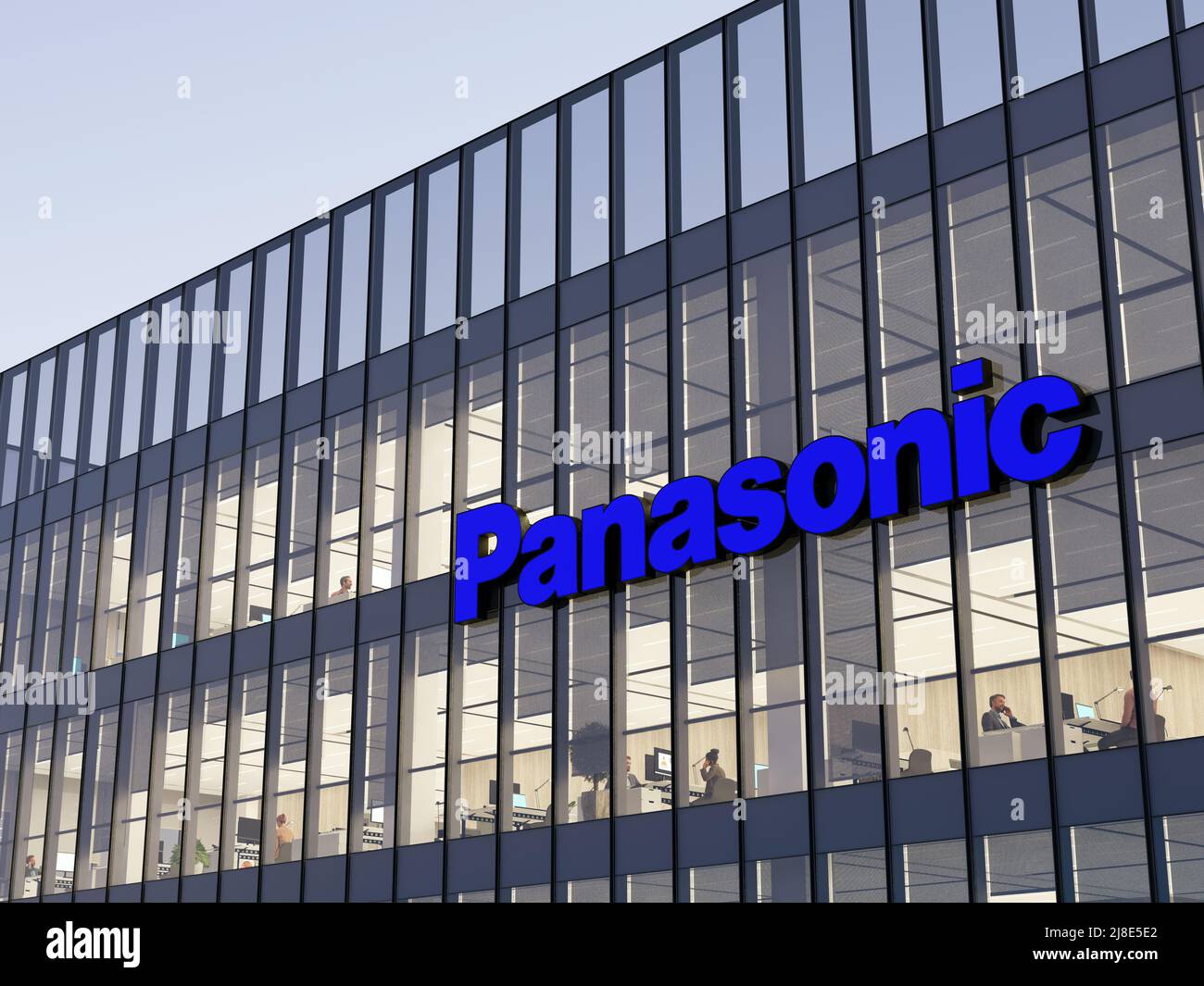 Kadoma, Osaka, Japan. 2.Mai 2022. Nur zur redaktionellen Verwendung, 3D CGI. Panasonic Signage-Logo auf dem Glasgebäude. Arbeitsplatz Multinationale Industriekonzerne Stockfoto