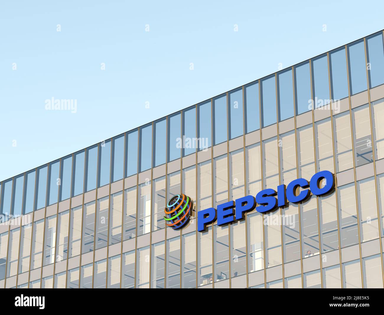 Kauf, Harrison, NY, USA. 2.Mai 2022. Nur zur redaktionellen Verwendung, 3D CGI. PepsiCo-Logo auf dem Glasgebäude. Büro Des Food Company Workplace Hea Stockfoto