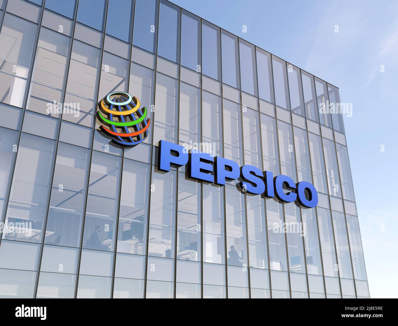 Kauf, Harrison, NY, USA. 2.Mai 2022. Nur zur redaktionellen Verwendung, 3D CGI. PepsiCo-Logo auf dem Glasgebäude. Büro Des Food Company Workplace Hea Stockfoto