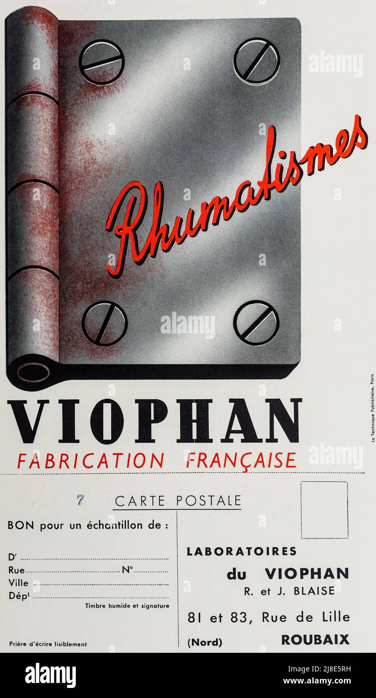 1930s Französische Anzeige für „Viophan“ Rheuma-Medizin. Stockfoto