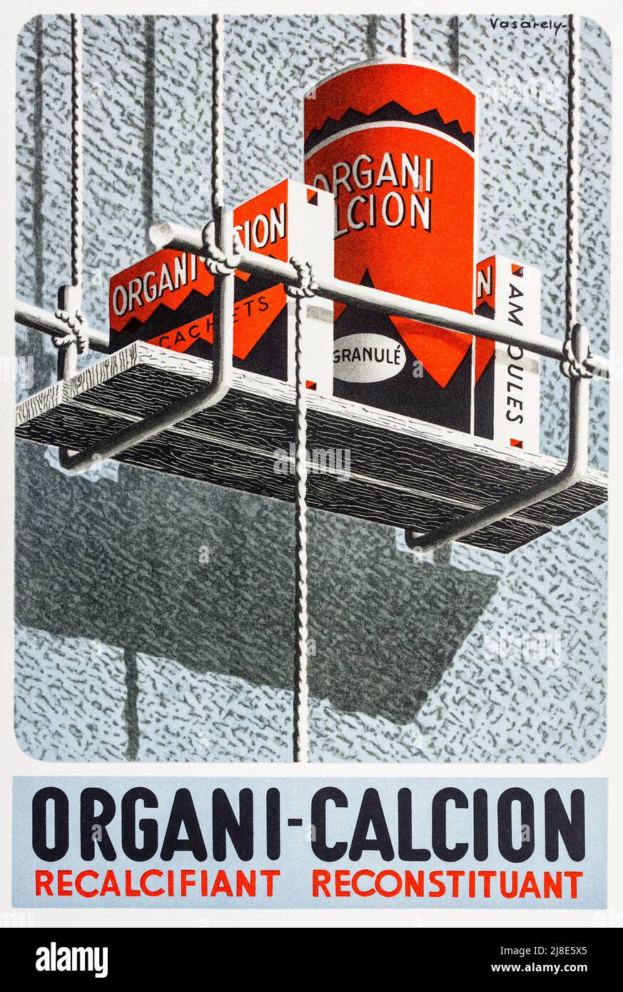 1930s Französische Werbung für das Nahrungsergänzungsmittel „Organi-Calcion“ für Kalziummangel, illustriert von Victor Vasarely. Stockfoto