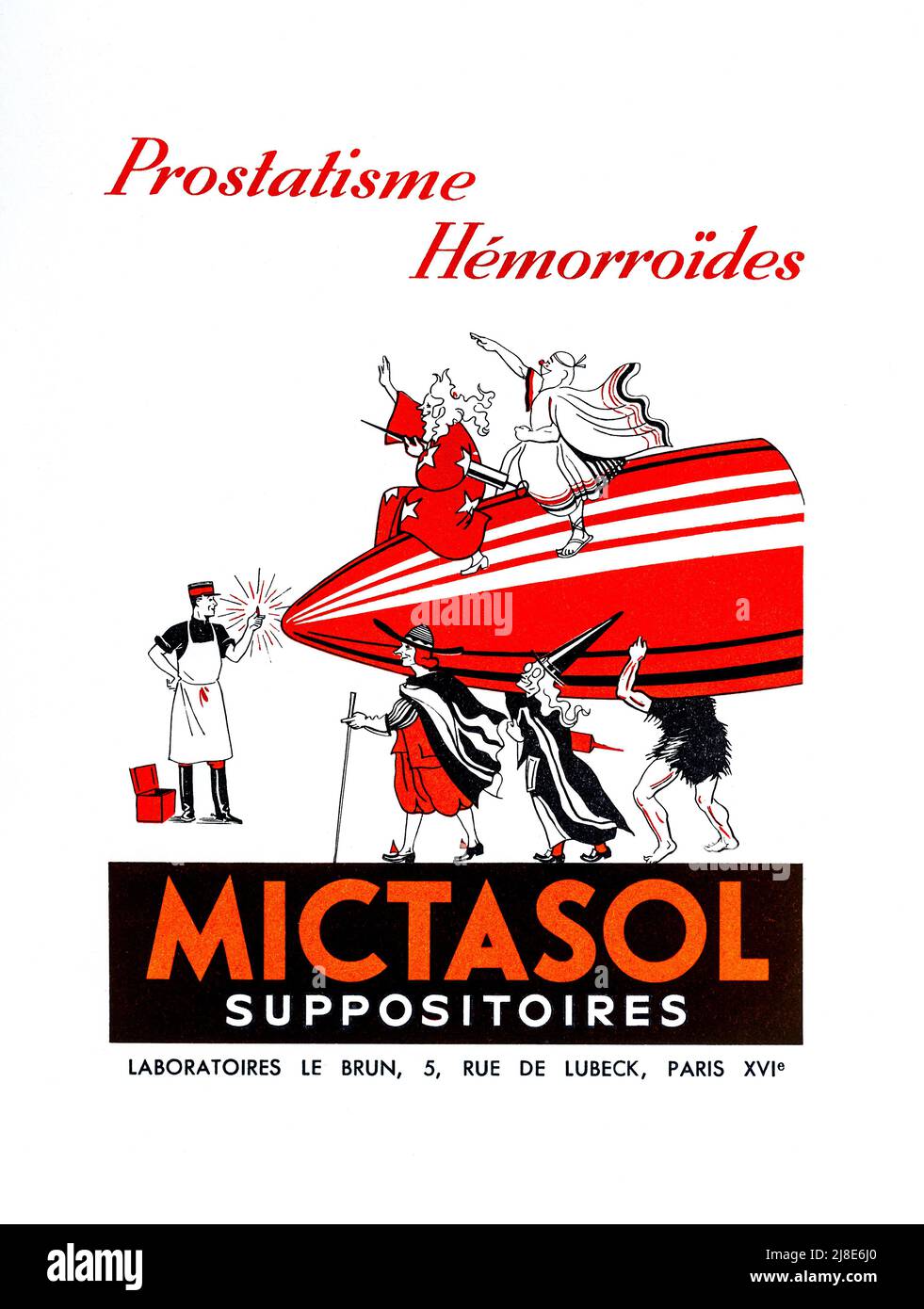 1940/50s Französischer Werbespot für „Mictasol“-Zäpfchen für Hämorrhoiden. Stockfoto