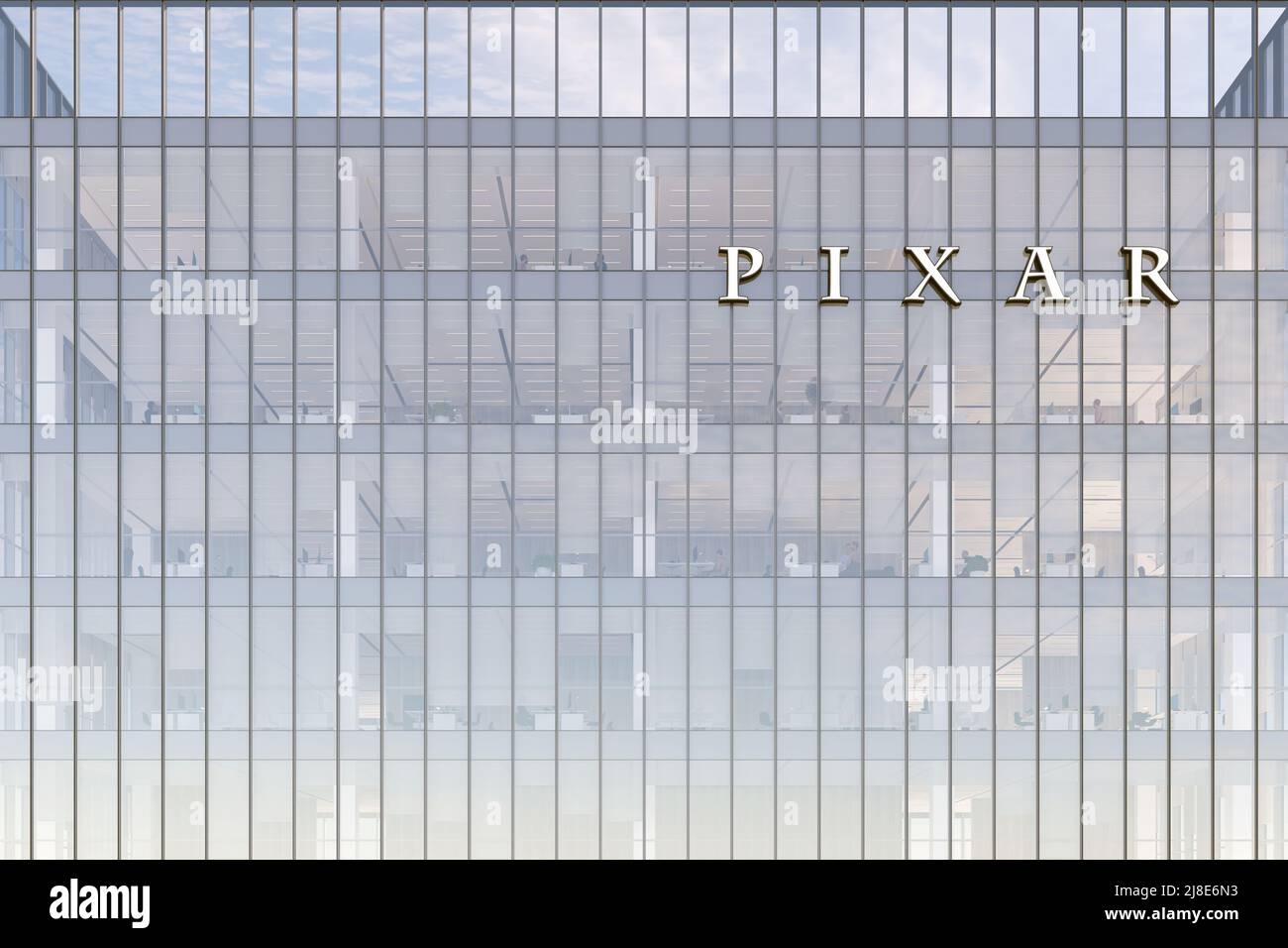 Emeryville, CA, USA. 2.Mai 2022. Nur zur redaktionellen Verwendung, 3D CGI. Pixar Signage-Logo auf dem Glasgebäude. Arbeitsplatz Kommerzielle Animation Studio Compa Stockfoto