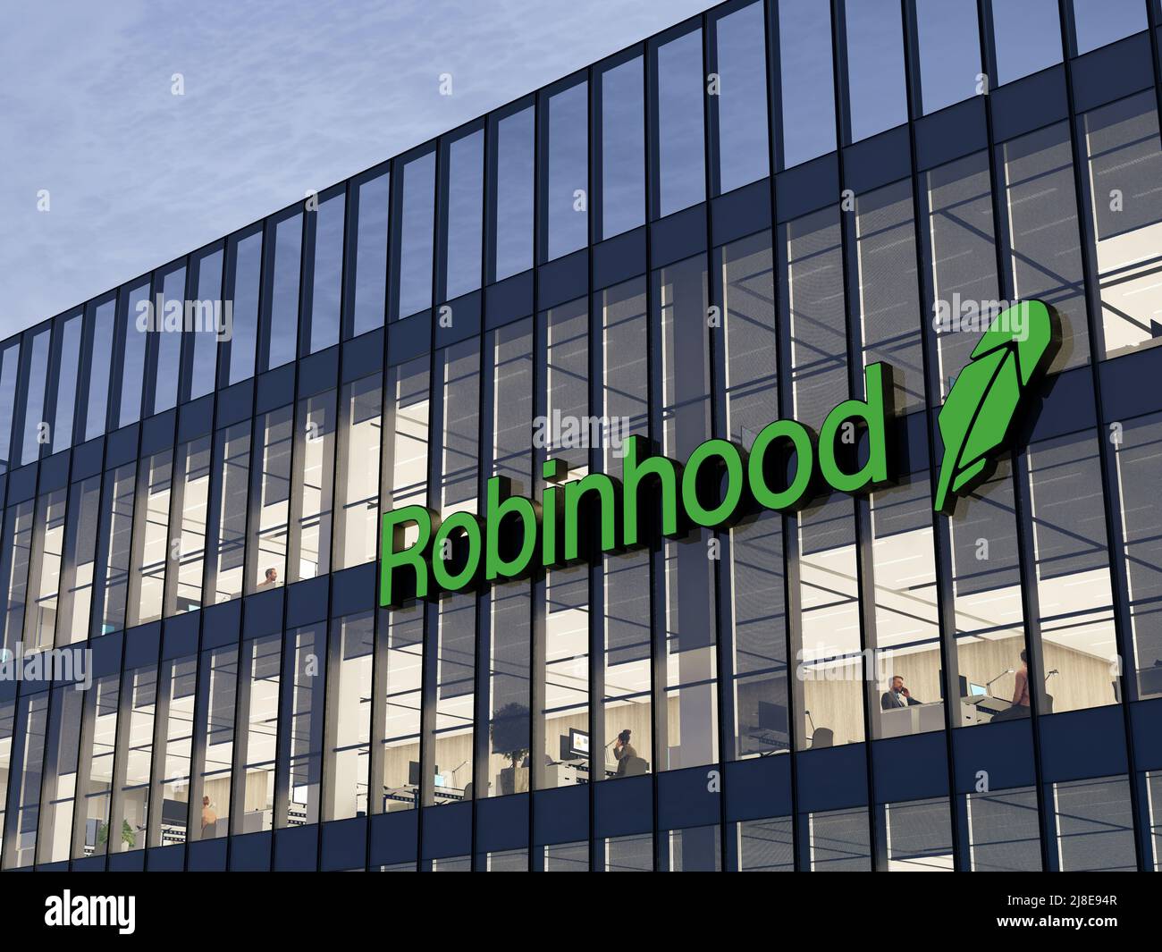 Menlo Park, CA, USA. 2.Mai 2022. Nur zur redaktionellen Verwendung, 3D CGI. Robinhood Signage-Logo auf dem Glasgebäude. Workplace Financial Trading Services Co Stockfoto
