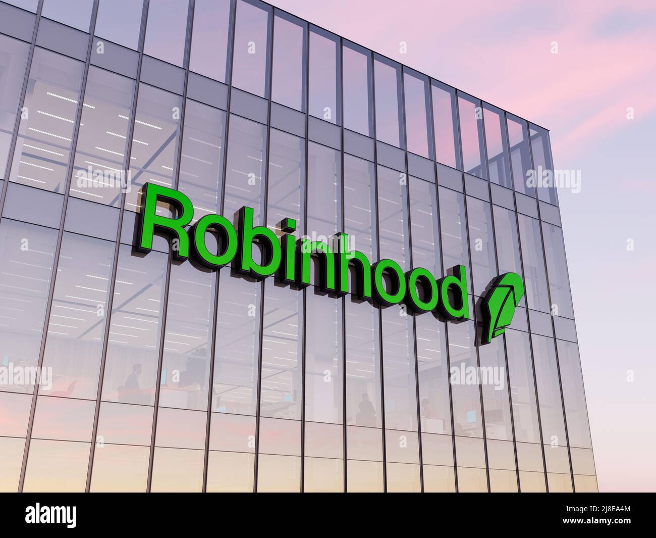 Menlo Park, CA, USA. 2.Mai 2022. Nur zur redaktionellen Verwendung, 3D CGI. Robinhood Signage-Logo auf dem Glasgebäude. Workplace Financial Trading Services Co Stockfoto