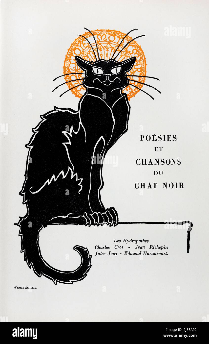 1930s Illustration der schwarzen Katze aus dem französischen Buch „Poésies et Chansons du Chat Noir“. Stockfoto