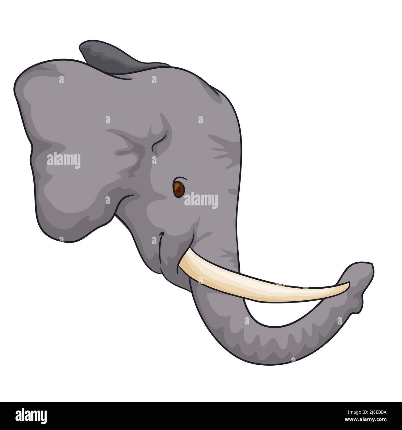 Zarter grauer Elefantenkopf mit lächelnder Geste, langen Stoßzähnen, Rüssel und großen Ohren. Stock Vektor