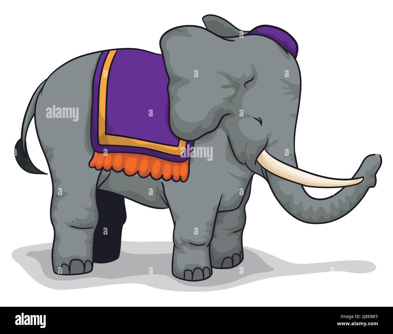 Niedlicher grauer Elefant mit einem violetten Sattel, verziert mit Fransen und winziger Mütze. Stock Vektor