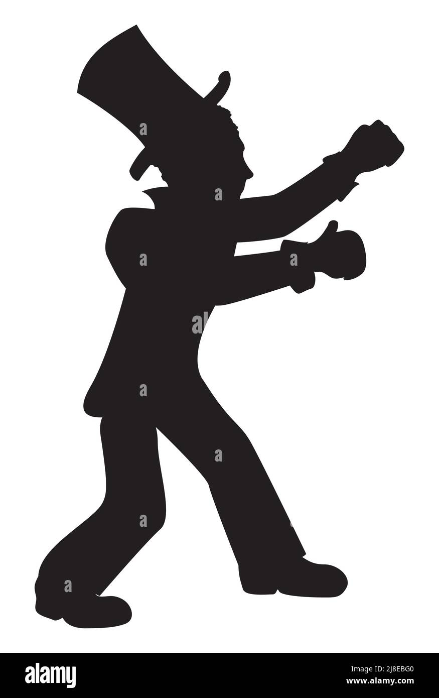 Elegante Silhouette eines schwarzen Gentleman, der seine Faust hebt, einen Zylinderhut und Boxerhandschuhe trägt. Stock Vektor
