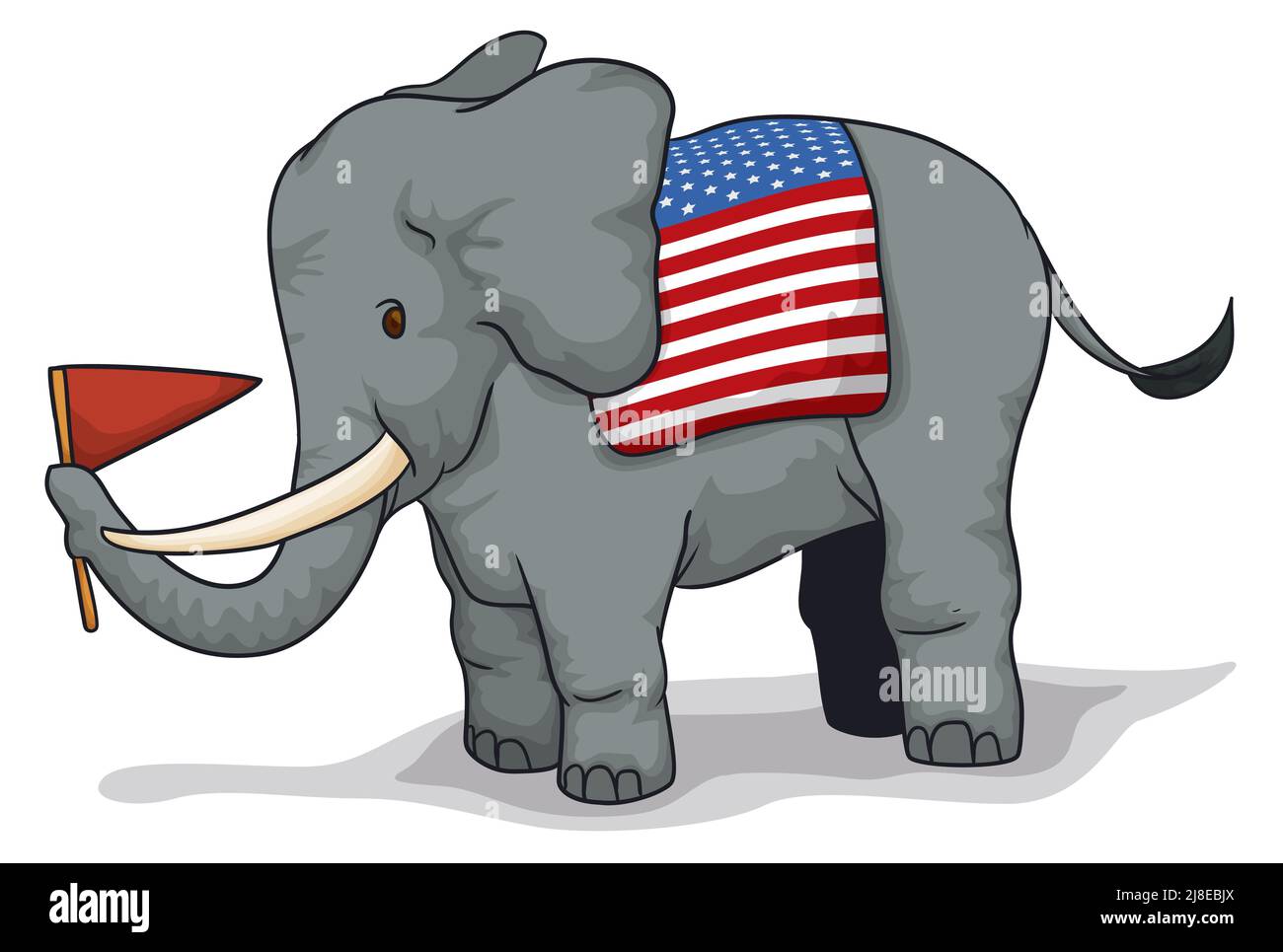 Grauer Elefant mit patriotischer U.S.A.-Flagge wie Sattel und einem Wimpel mit seinem Rüssel. Stock Vektor