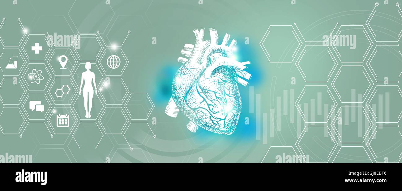 Erforschung und Genesung von Herzerkrankungen an menschlichen inneren Organen. Türkisfarbene Vorlagenpalette, Platz für Text kopieren. Stockfoto