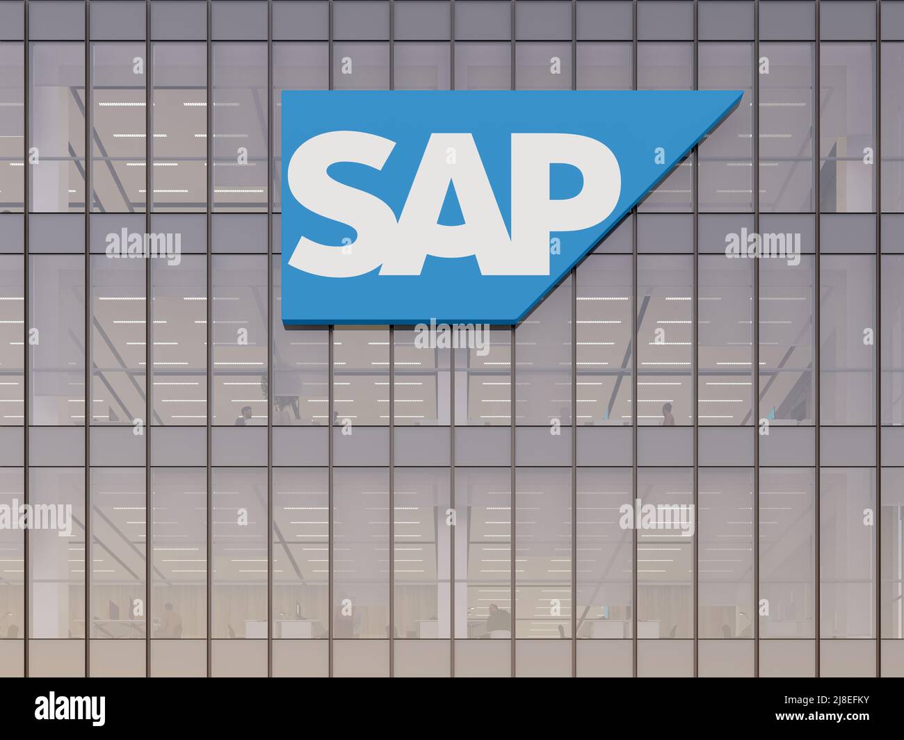 Walldorf, Deutschland. 2.Mai 2022. Nur zur redaktionellen Verwendung, 3D CGI. SAP Technology Signage-Logo auf dem Glasgebäude. Arbeitsplatz Software Firma Büro He Stockfoto