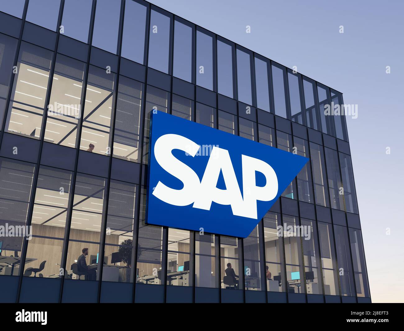 Walldorf, Deutschland. 2.Mai 2022. Nur zur redaktionellen Verwendung, 3D CGI. SAP Technology Signage-Logo auf dem Glasgebäude. Arbeitsplatz Software Firma Büro He Stockfoto