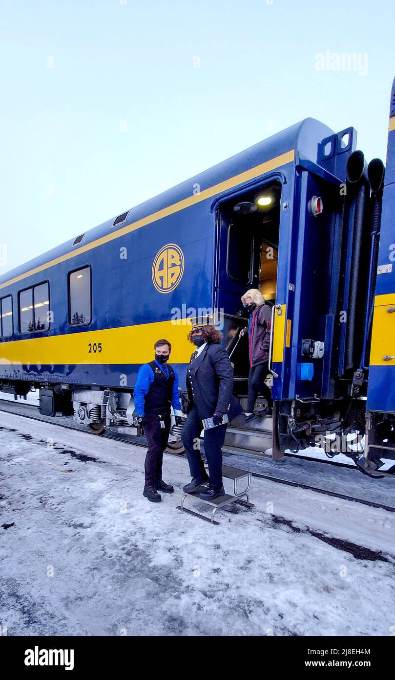 Frau steigt aus dem Zug aus, nachdem der Alaska Railroad-Zug im DENAL-Nationalpark angehalten hat, um Passagiere abzuholen. Stockfoto
