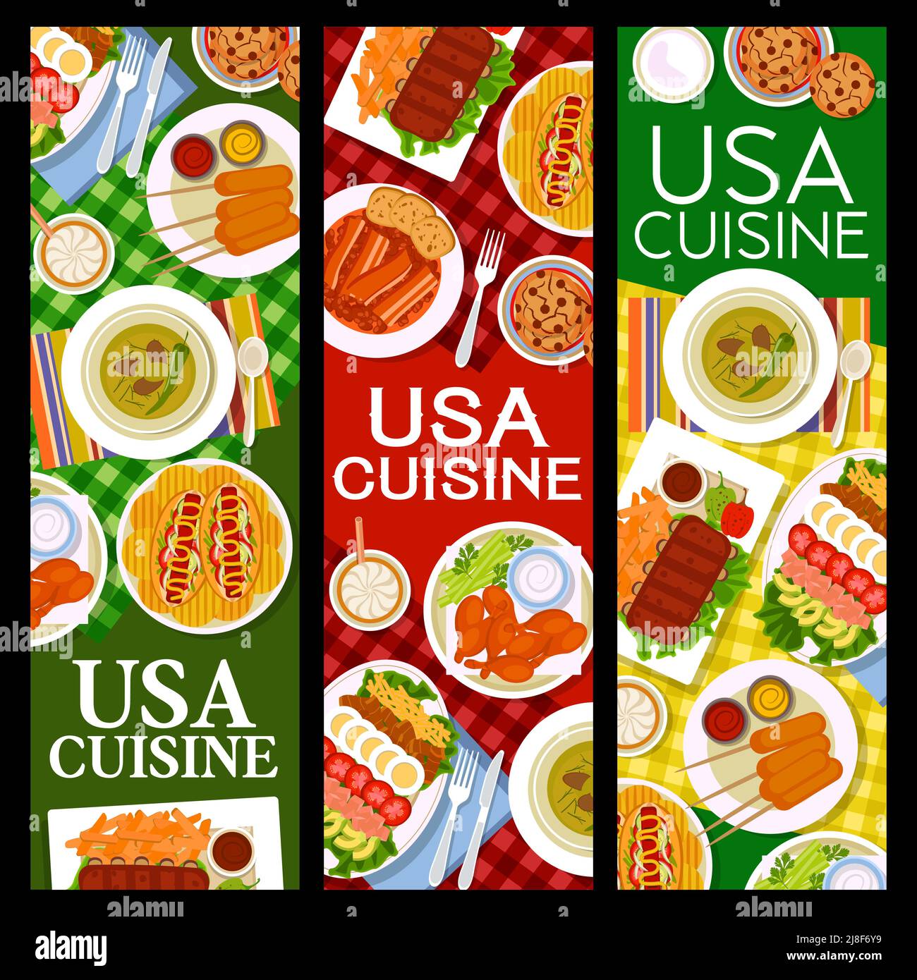 USA Food Restaurant Essen Banner. Kekse mit Tropfen, Bohnen mit Speck und Oliven mit grünem Chili, Maishunde, Hotdogs mit Pommes Frites und gegrillte Rippchen mit pommes Frites, BBQ-Huhn, cobb-Salat-Vektor Stock Vektor